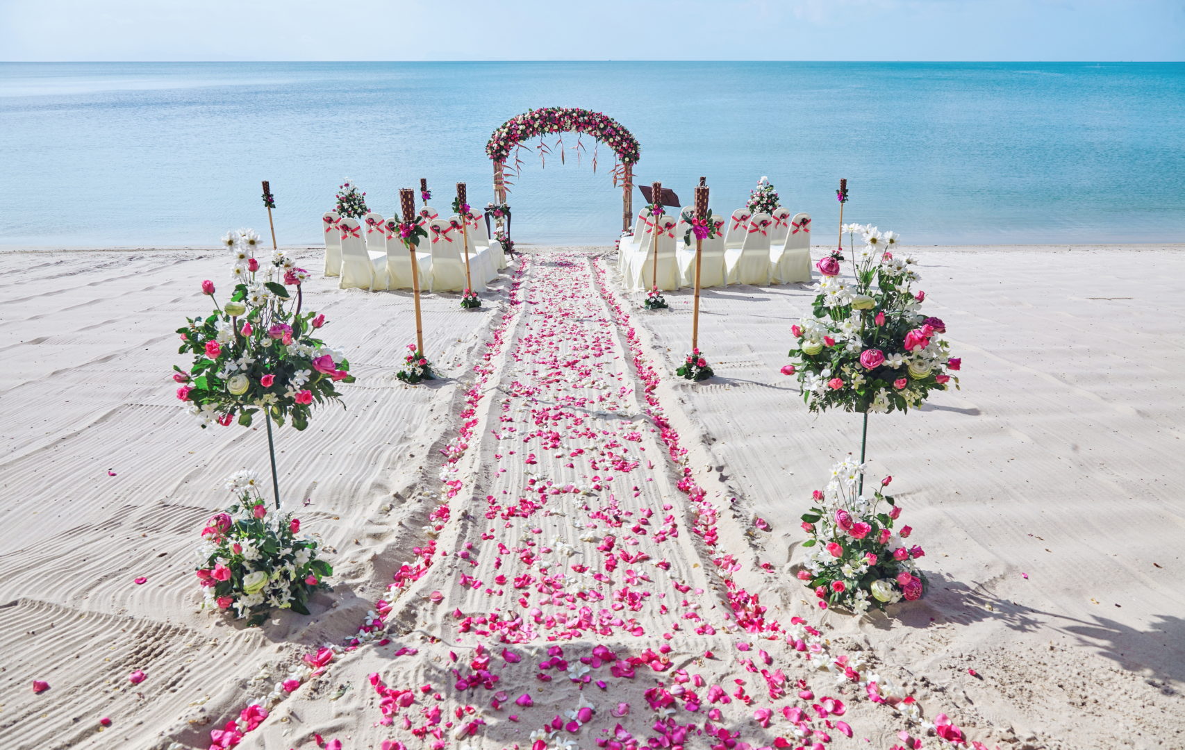 Beach wedding venue setting on the white sand with beautiful panoramic ocean view background, Pink and red rose petals on the aisle